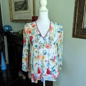 Feathers By Tolani Floral Cupro Womens XS Blouse Tassels Stitching Detail 126